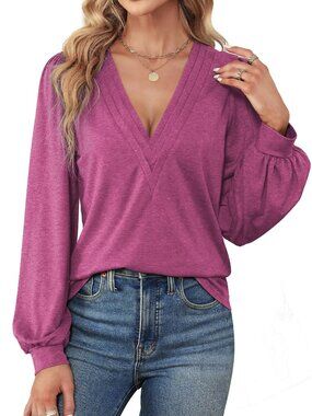 Pink V-Neck Long Sleeve Top